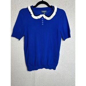 ModCloth Royal Blue Peter Pan Collar Ruffle Short Sleeve Knit Top Medium M